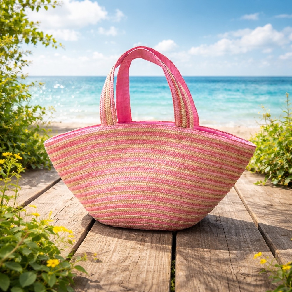Pink Striped Beach Straw Tote Bag